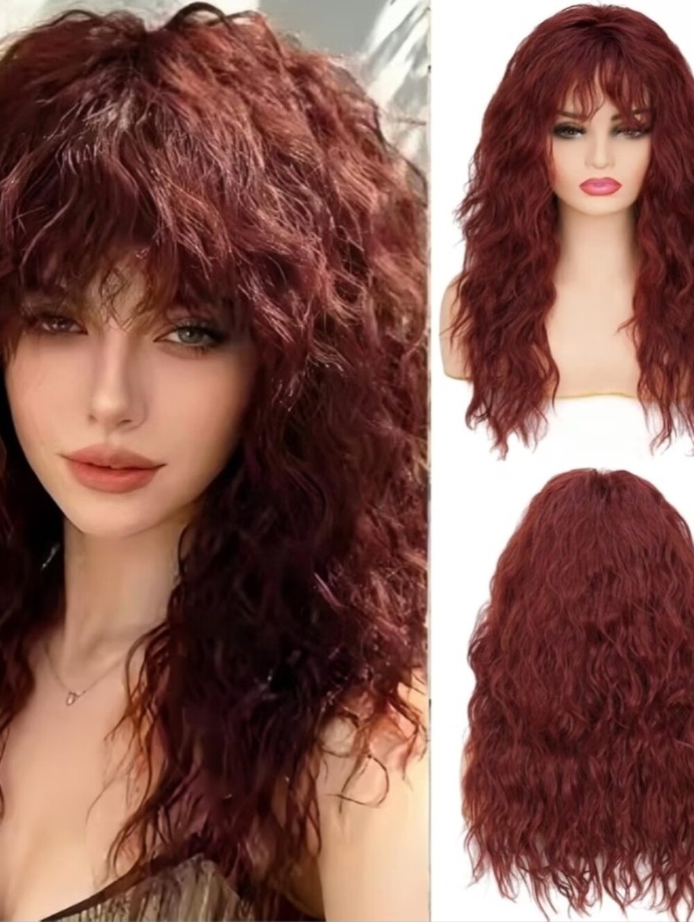 Long Red Curly 80s Rocker Synthetic Wig with Bangs For Halloween